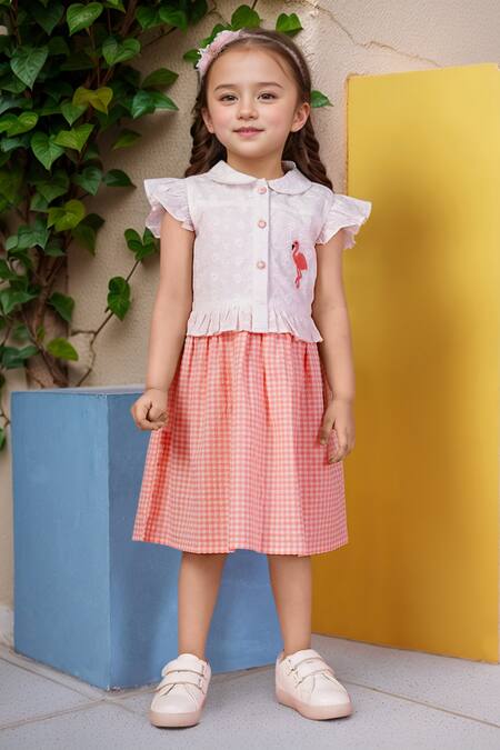 Petite Pomme_White Cotton Embroidery And Pink Gingham Dress _Online_at_Aza_Fashions