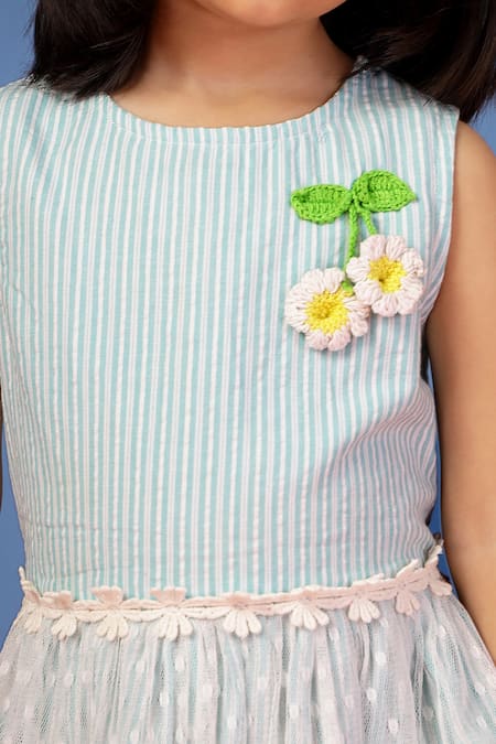 Petite Pomme_Green Cotton Fabric Flowers Striped Designer Dress _Online_at_Aza_Fashions