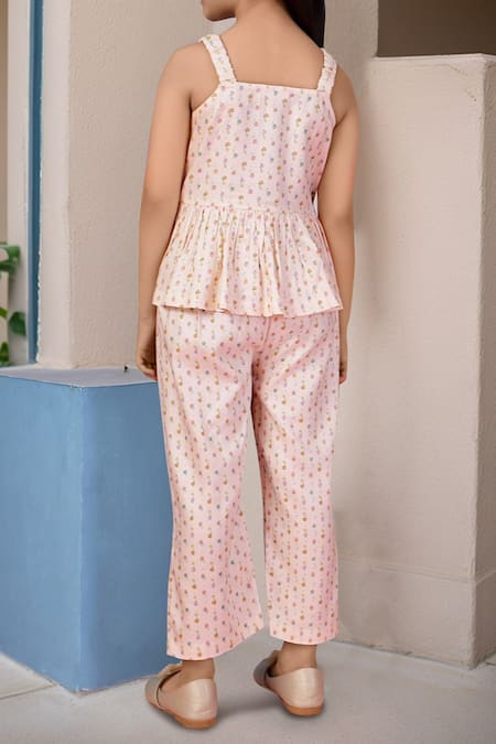 Petite Pomme Floral Print Peplum Top & Pant Set 