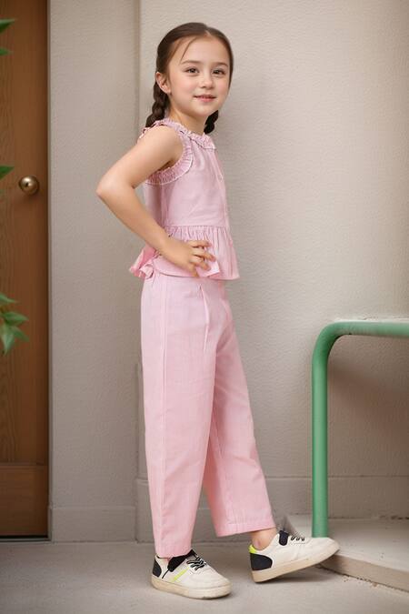 Petite Pomme_Pink Cotton Ruffles Top And Pant Set_Online_at_Aza_Fashions