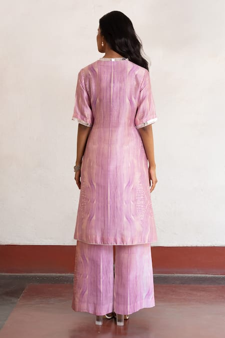 Shop Saksham & Neharicka Purple Cotton, Silk Embroidery Round Neck Hand Kurta And Pant Set at Aza Fashions Shop_Saksham & Neharicka_Purple Cotton, Silk Embroidery Round Neck Hand Kurta And Pant Set _at_Aza_Fashions