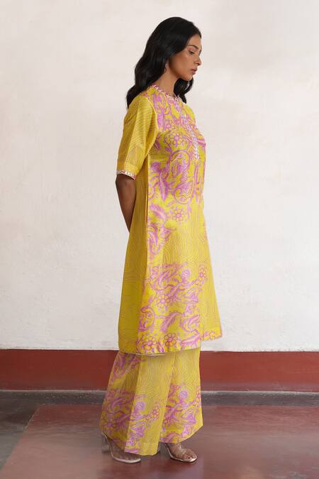 Saksham & Neharicka Yellow Cotton, Silk Embroidery Round Neck Hand Kurta Online at Aza Fashions Saksham & Neharicka_Yellow Cotton, Silk Embroidery Round Neck Hand Kurta _Online_at_Aza_Fashions
