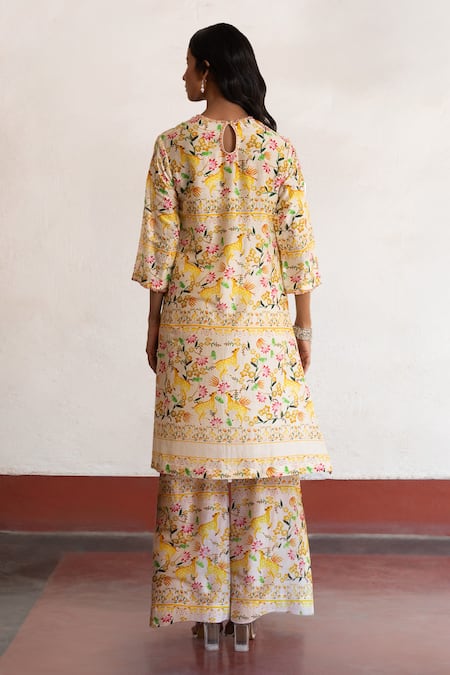 Saksham & Neharicka Floral Print Yellow Kurta & Pant Set
