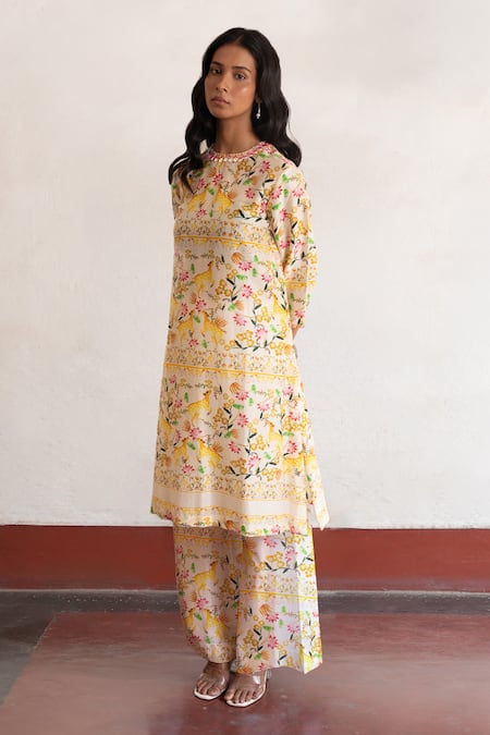 Shop Saksham & Neharicka Yellow Embroidery Round Neck Hand Haringhata Kurta at Aza Fashions Shop_Saksham & Neharicka_Yellow Embroidery Round Neck Hand Haringhata Kurta _at_Aza_Fashions