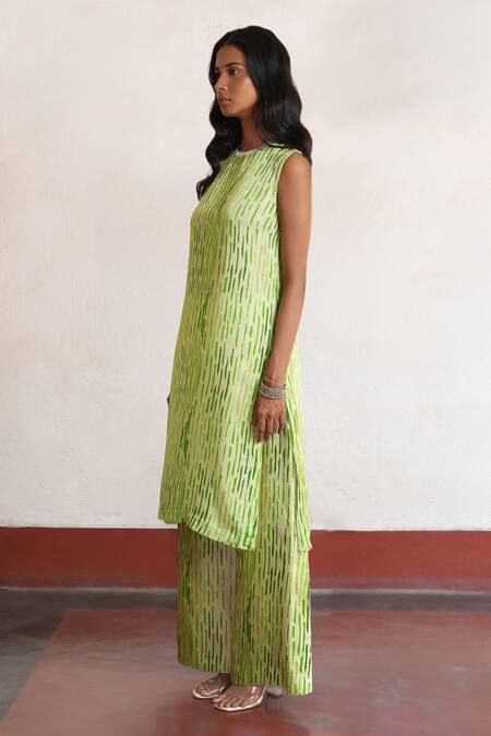 Shop Saksham & Neharicka Green Viscose, Satin Embroidery Round Neck Lime Hand Kurta Set Online at Aza Fashions Shop_Saksham & Neharicka_Green Viscose, Satin Embroidery Round Neck Lime Hand Kurta Set _Online_at_Aza_Fashions