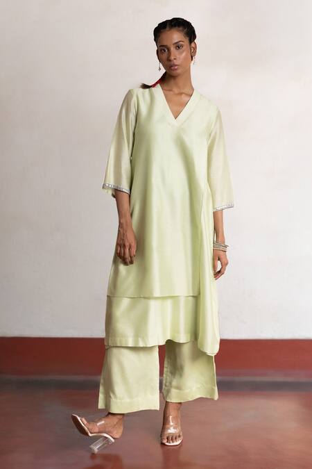 Saksham & Neharicka Mint Cotton, Silk Embroidery V-neck Benarasi Kurta Set Online at Aza Fashions Saksham & Neharicka_Mint Cotton, Silk Embroidery V-neck Benarasi Kurta Set _Online_at_Aza_Fashions
