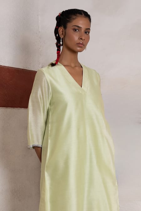 Shop Saksham & Neharicka Mint Cotton, Silk Embroidery V-neck Benarasi Kurta Set Online at Aza Fashions Shop_Saksham & Neharicka_Mint Cotton, Silk Embroidery V-neck Benarasi Kurta Set _Online_at_Aza_Fashions