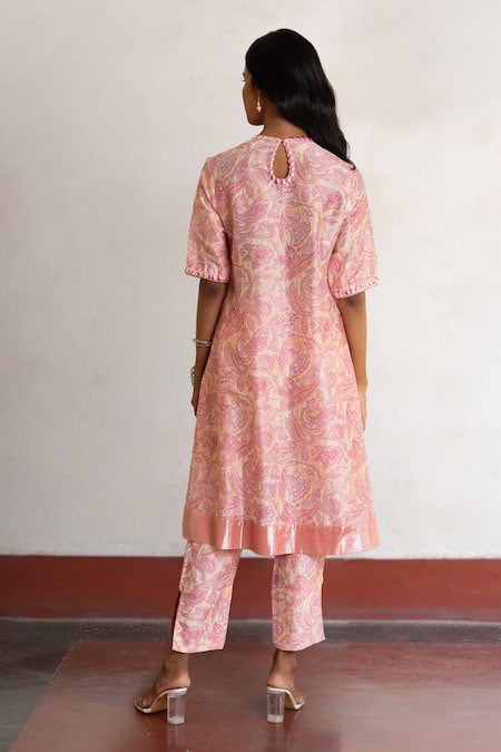 Shop Saksham & Neharicka Pink Cotton, Silk, Brocade Beads, Embroidery Round And Peach Printed Kurta Set at Aza Fashions Shop_Saksham & Neharicka_Pink Cotton, Silk, Brocade Beads, Embroidery Round And Peach Printed Kurta Set _at_Aza_Fashions