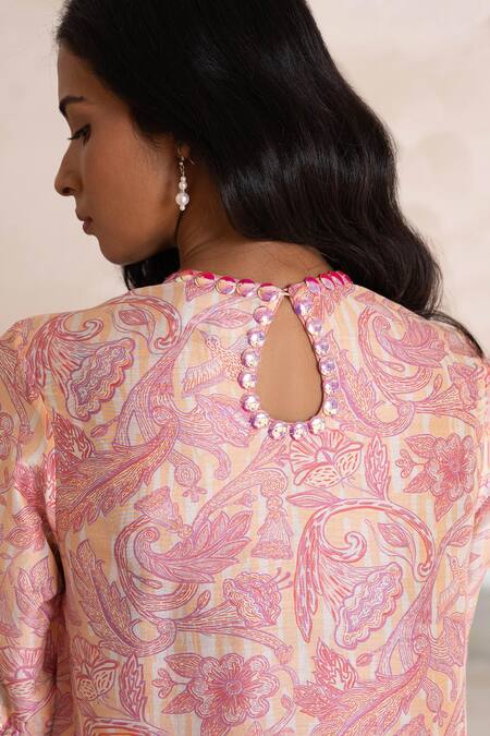 Saksham & Neharicka Pink Cotton, Silk, Brocade Beads, Embroidery Round And Peach Printed Kurta Set Online at Aza Fashions Saksham & Neharicka_Pink Cotton, Silk, Brocade Beads, Embroidery Round And Peach Printed Kurta Set _Online_at_Aza_Fashions