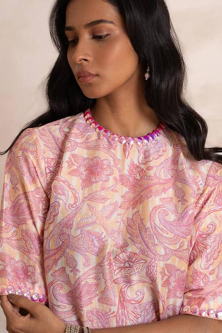 Buy Saksham & Neharicka Pink Cotton, Silk, Brocade Beads, Embroidery Round And Peach Printed Kurta Set Online at Aza Fashions Buy_Saksham & Neharicka_Pink Cotton, Silk, Brocade Beads, Embroidery Round And Peach Printed Kurta Set _Online_at_Aza_Fashions