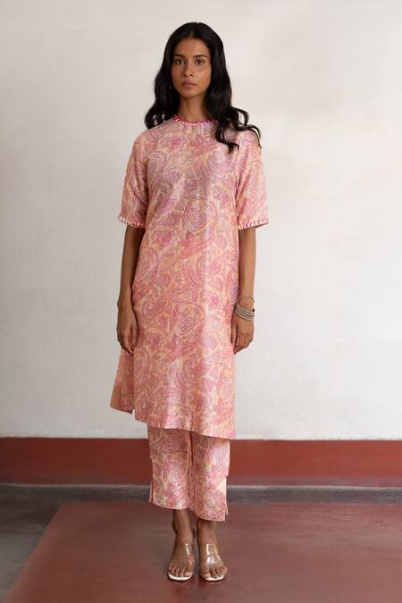 Shop Saksham & Neharicka Pink Cotton, Silk, Brocade Beads, Embroidery Round And Peach Printed Kurta Set Online at Aza Fashions Shop_Saksham & Neharicka_Pink Cotton, Silk, Brocade Beads, Embroidery Round And Peach Printed Kurta Set _Online_at_Aza_Fashions