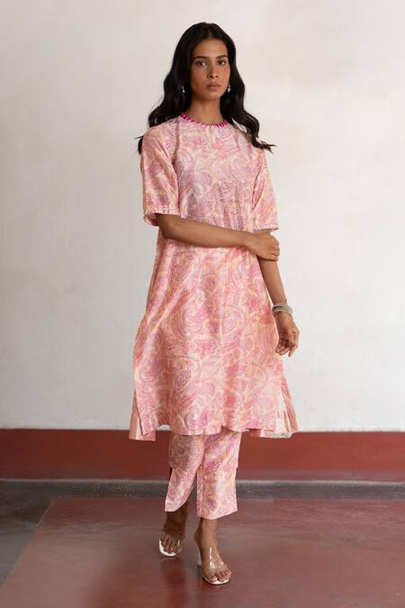Saksham & Neharicka Pink Cotton, Silk, Brocade Beads, Embroidery Round And Peach Printed Kurta Set at Aza Fashions Saksham & Neharicka_Pink Cotton, Silk, Brocade Beads, Embroidery Round And Peach Printed Kurta Set _at_Aza_Fashions