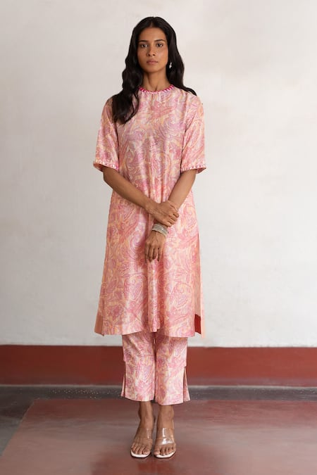 Saksham & Neharicka_Pink Cotton, Silk Embroidery Round Neck And Peach Hand Kurta _Online_at_Aza_Fashions