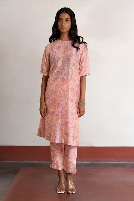 Buy_Saksham & Neharicka_Pink Cotton, Silk Embroidery Round Neck And Peach Hand Kurta _Online_at_Aza_Fashions