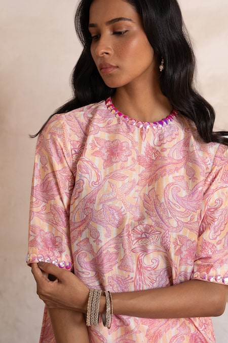 Shop_Saksham & Neharicka_Pink Cotton, Silk Embroidery Round Neck And Peach Hand Kurta _Online_at_Aza_Fashions