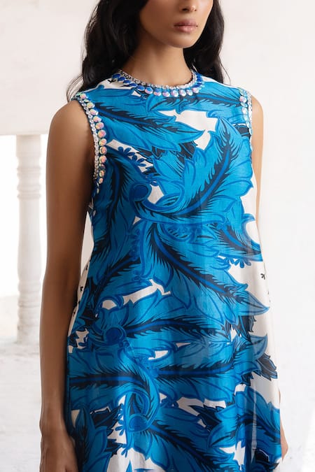 Saksham & Neharicka Blue Cotton, Silk Beads, Sequins Round Neck And Ivory Hand Embroidered Kurta Set Online at Aza Fashions Saksham & Neharicka_Blue Cotton, Silk Beads, Sequins Round Neck And Ivory Hand Embroidered Kurta Set _Online_at_Aza_Fashions