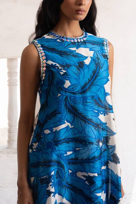 Buy_Saksham & Neharicka_Blue Round Neck And Ivory Hand Embroidered Kurta _Online_at_Aza_Fashions