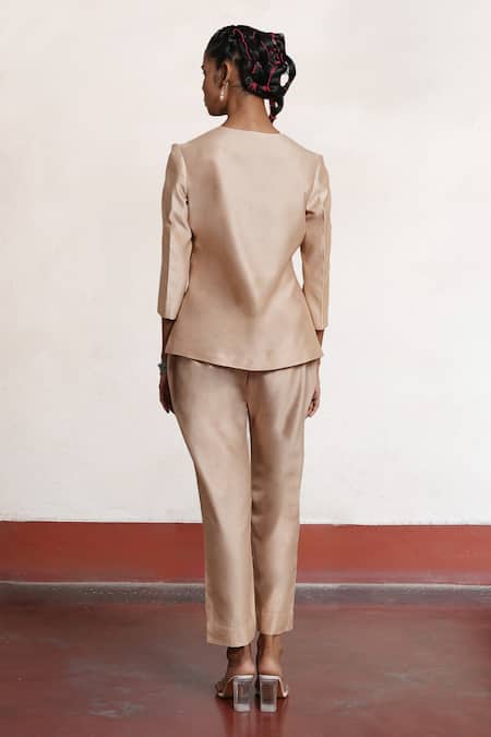 Shop Saksham & Neharicka Beige Cotton, Silk V-neck Benarasi Pant Set at Aza Fashions Shop_Saksham & Neharicka_Beige Cotton, Silk V-neck Benarasi Pant Set _at_Aza_Fashions