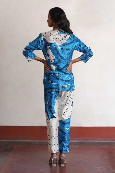 Shop Saksham & Neharicka Blue Cotton, Silk Round Neck Designer And Ivory Pant Set at Aza Fashions Shop_Saksham & Neharicka_Blue Cotton, Silk Round Neck Designer And Ivory Pant Set _at_Aza_Fashions