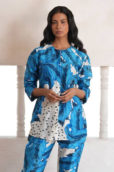 Saksham & Neharicka Blue Cotton, Silk Round Neck Designer And Ivory Pant Set Online at Aza Fashions Saksham & Neharicka_Blue Cotton, Silk Round Neck Designer And Ivory Pant Set _Online_at_Aza_Fashions