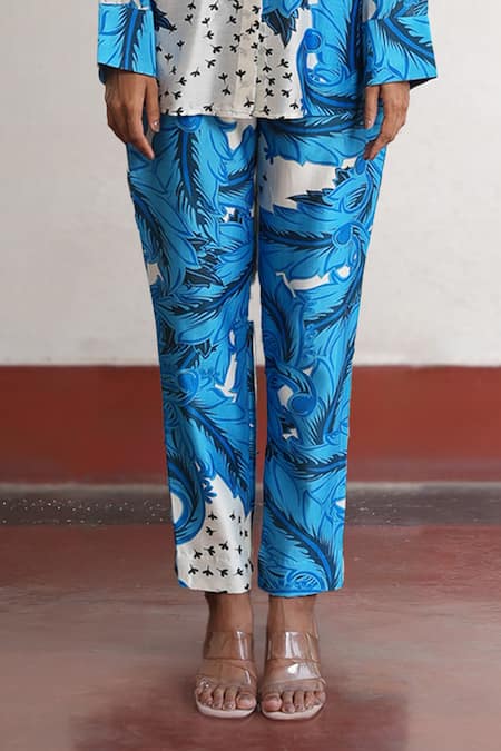 Shop Saksham & Neharicka Blue Cotton, Silk Round Neck Designer And Ivory Pant Set Online at Aza Fashions Shop_Saksham & Neharicka_Blue Cotton, Silk Round Neck Designer And Ivory Pant Set _Online_at_Aza_Fashions