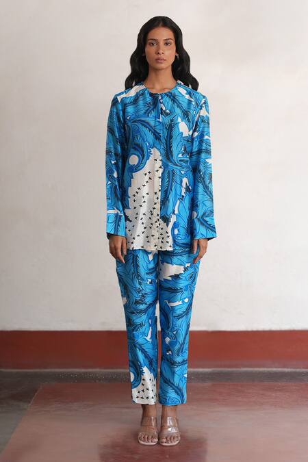 Saksham & Neharicka_Blue Cotton, Silk Round Neck Designer Printed Shirt _Online_at_Aza_Fashions