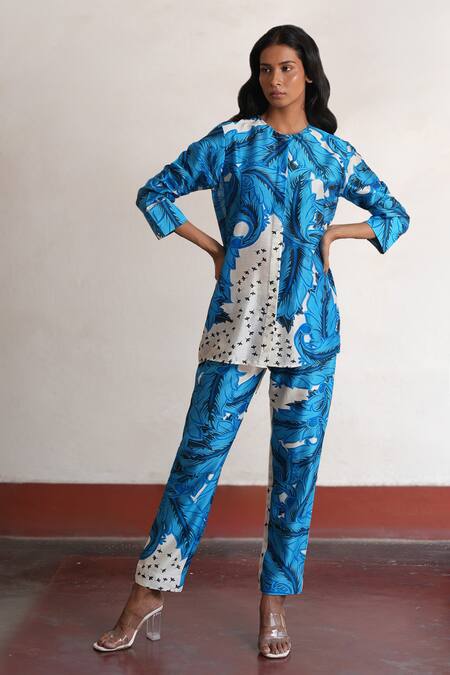 Buy_Saksham & Neharicka_Blue Cotton, Silk Round Neck Designer Printed Shirt _Online_at_Aza_Fashions