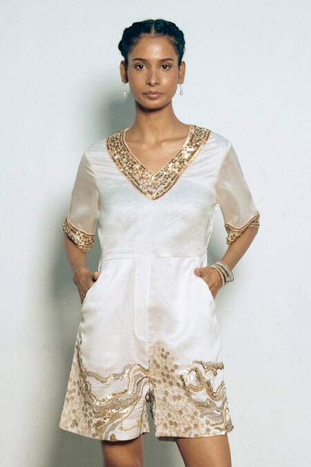 Saksham & Neharicka_Ivory Cotton, Silk Embroidery V-neck And Gold Hand Jumpsuit _Online_at_Aza_Fashions