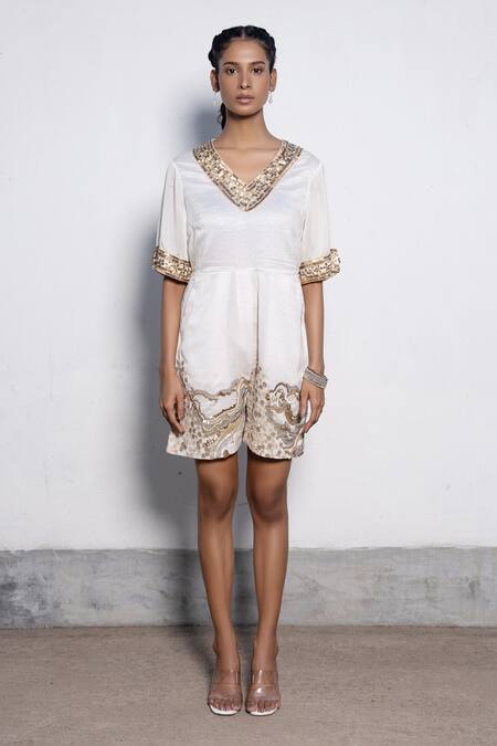 Shop_Saksham & Neharicka_Ivory Cotton, Silk Embroidery V-neck And Gold Hand Jumpsuit _Online_at_Aza_Fashions