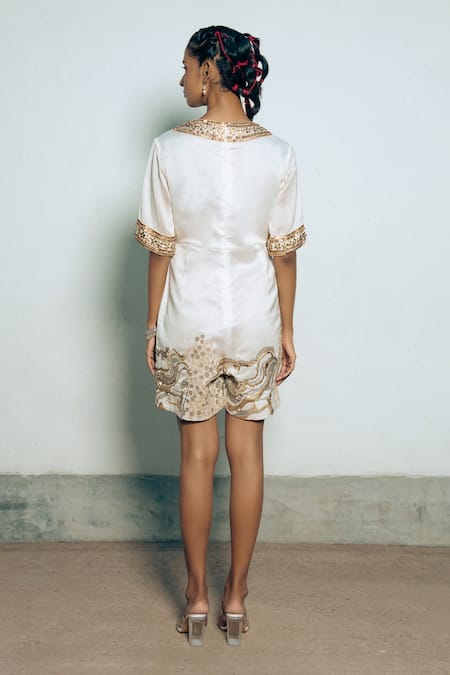 Shop_Saksham & Neharicka_Ivory Cotton, Silk Embroidery V-neck And Gold Hand Jumpsuit _at_Aza_Fashions