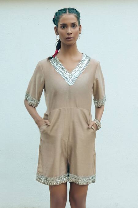 Saksham & Neharicka_Beige Cotton, Silk Embroidery V-neck Hand Jumpsuit _Online_at_Aza_Fashions