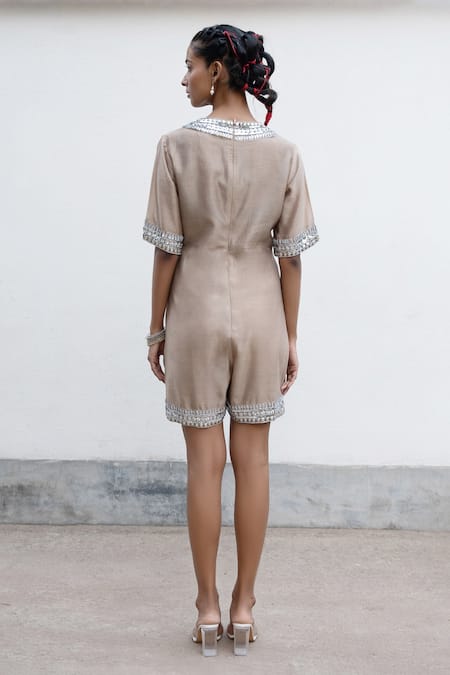 Shop_Saksham & Neharicka_Beige Cotton, Silk Embroidery V-neck Hand Jumpsuit _at_Aza_Fashions