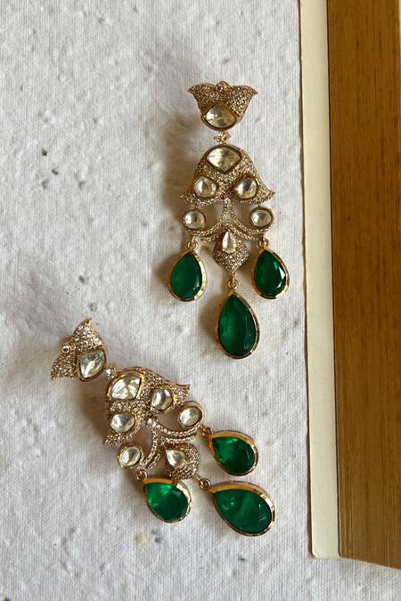 Prestones_Green Zari Gold Finish Zircon Danglers _Online_at_Aza_Fashions