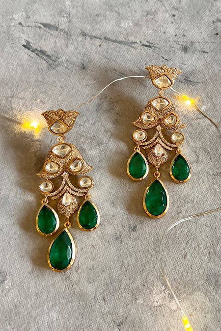 Shop_Prestones_Green Zari Gold Finish Zircon Danglers _at_Aza_Fashions