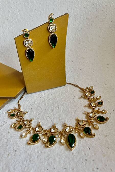 Prestones_Green Kundan Polki Necklace And Earring Set_Online_at_Aza_Fashions