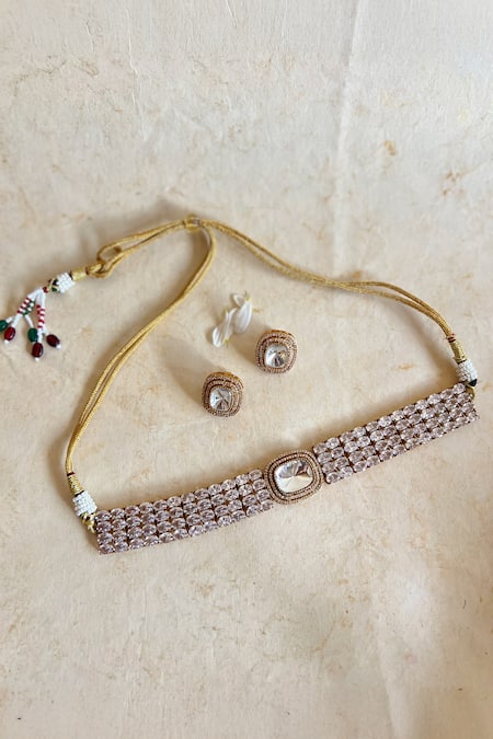 Prestones Gold Zircon Embellished Necklace Set 