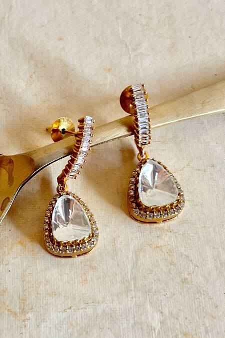 Shop_Prestones_Gold Plated Stones Kundan Polki Designer Danglers _at_Aza_Fashions