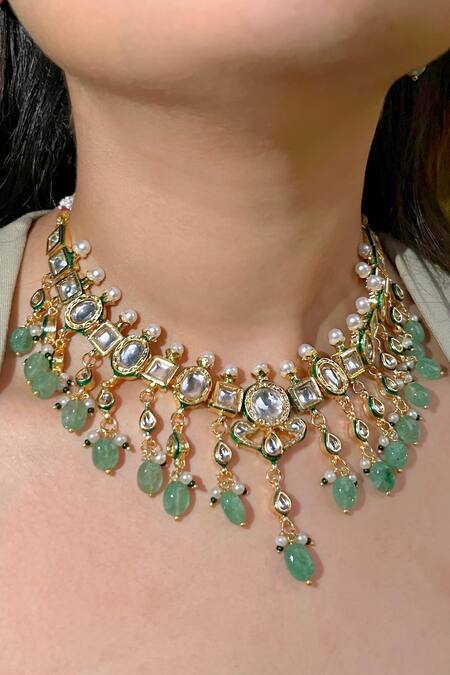 Shop_Prestones_Green Stones Kundan Polki Designer Jewellery Set _at_Aza_Fashions