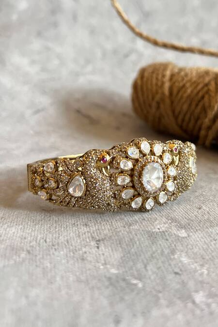 Shop_Prestones_Gold Plated Designer Kundan Polki Bangle _at_Aza_Fashions