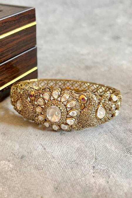 Prestones_Gold Plated Designer Kundan Polki Bangle _Online_at_Aza_Fashions