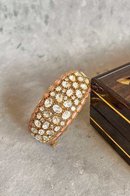 Shop_Prestones_Pink Kundan Polki Gold Finish Bangle _at_Aza_Fashions