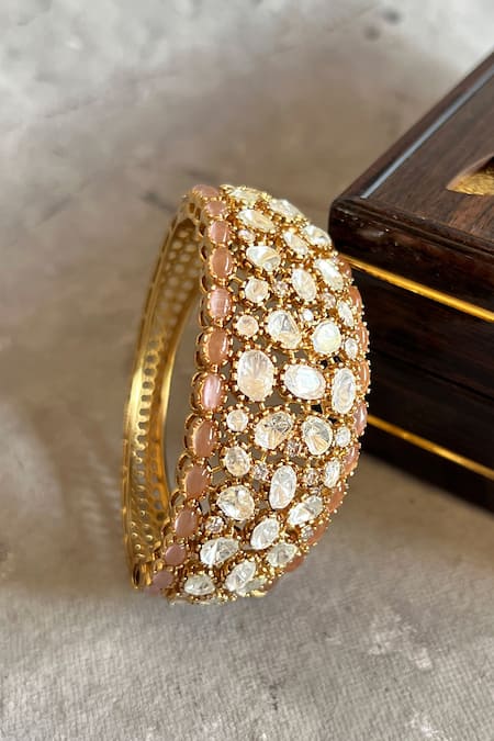 Prestones_Pink Kundan Polki Gold Finish Bangle _Online_at_Aza_Fashions