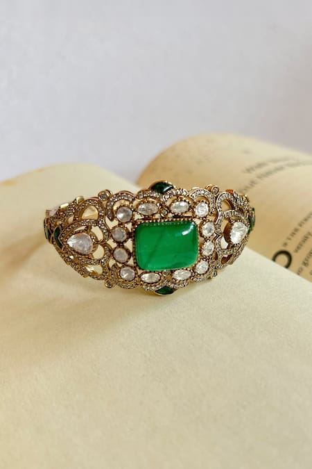 Prestones_Green Designer Kundan Polki Bangle _Online_at_Aza_Fashions