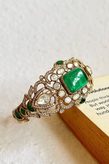 Shop_Prestones_Green Designer Kundan Polki Bangle _at_Aza_Fashions