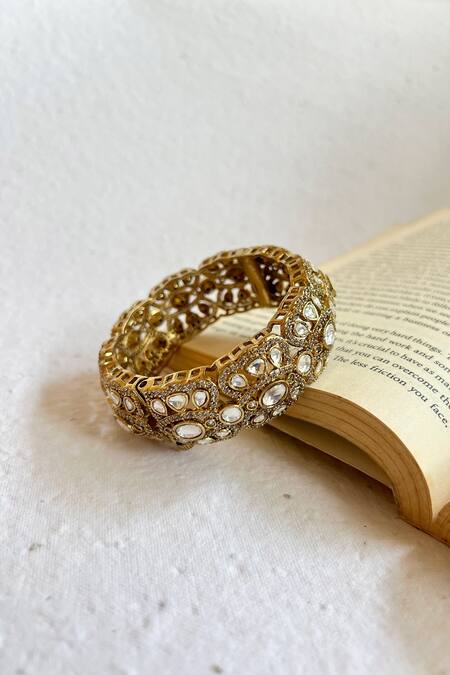 Shop_Prestones_Gold Plated Kundan Polki Finish Bangle _at_Aza_Fashions
