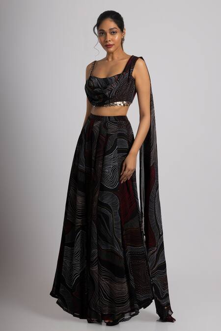 Shop_Rajat K Tangri_Black Crepe, Georgette Beads, Embroidery Beaded Tassel Cowl Top And Pant Set _Online_at_Aza_Fashions