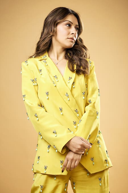 Shop_Rajat K Tangri_Yellow Crepe Beads, Crystals V-neck Embellished Jacket And Flared Pant Set _Online_at_Aza_Fashions