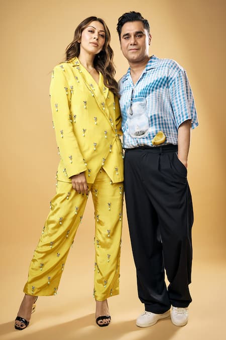 Buy_Rajat K Tangri_Yellow Crepe Beads, Crystals V-neck Embellished Jacket And Flared Pant Set 