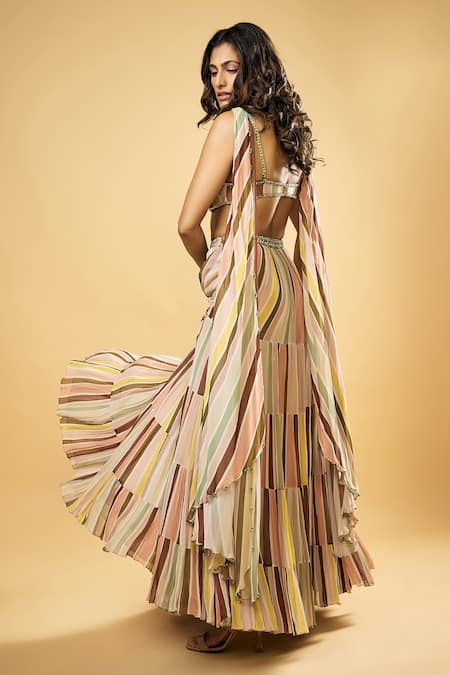 Shop_Rajat K Tangri_Multi Color Beads, Crystals V-neck Pleated Stripe Print Blouse And Lehenga Set _Online_at_Aza_Fashions