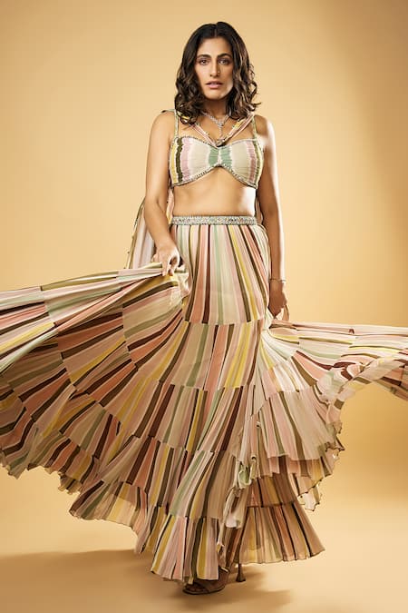 Rajat K Tangri_Multi Color Beads, Crystals V-neck Pleated Stripe Print Blouse And Lehenga Set _at_Aza_Fashions